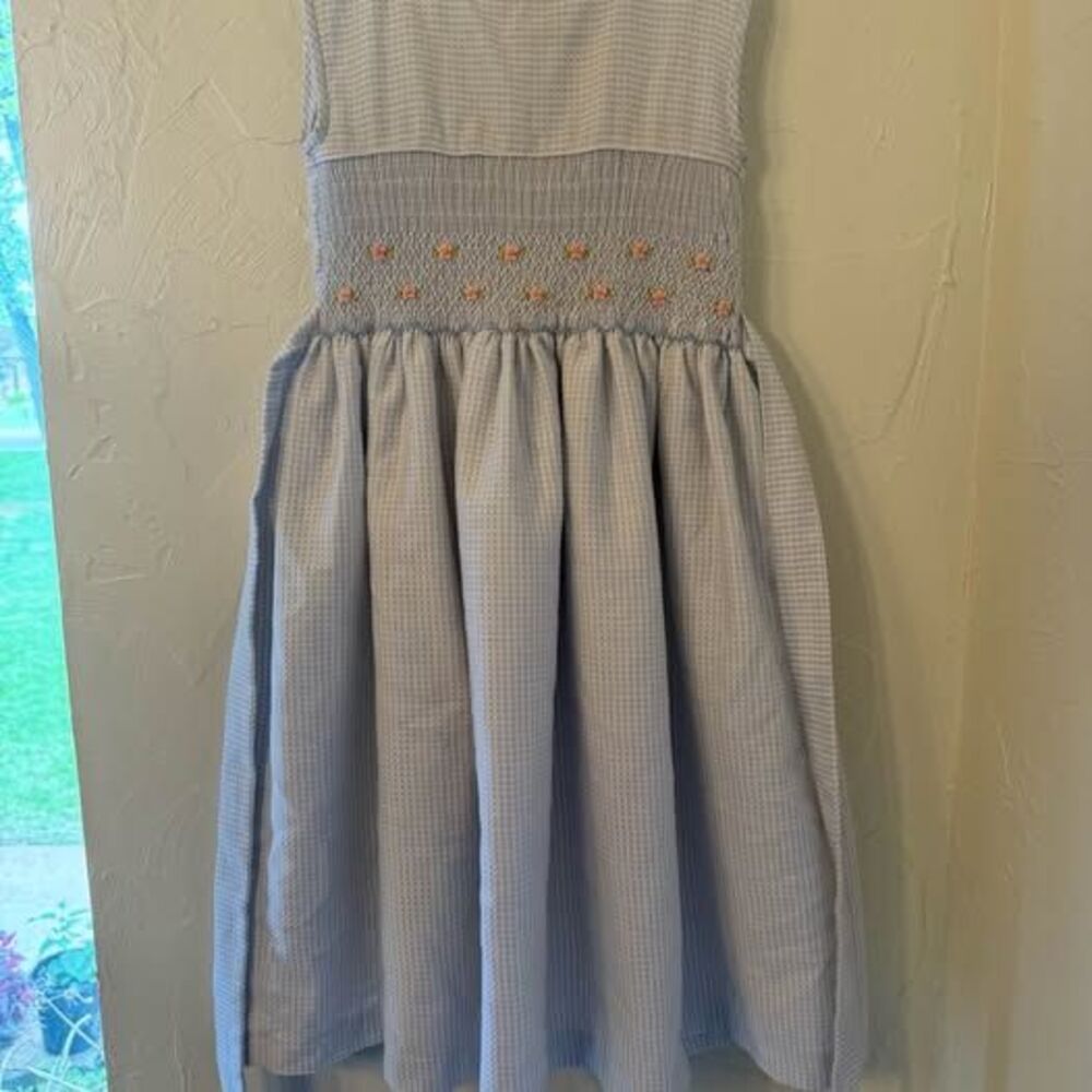 Vintage bay blue smocked floral embroidered dress size 7